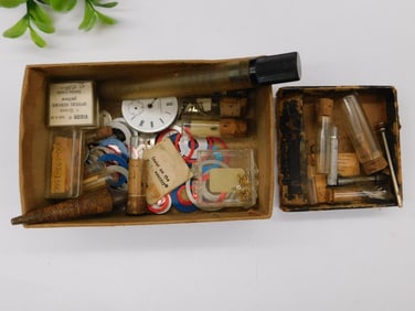 Boxed Lot of Watch Parts and Repair Items Watchmaker Watchmaking Tools