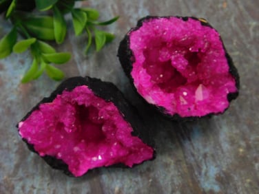 Vivid Pink Quartz Geode Specimen Pair ROCK STONE LAPIDARY SPECIMEN