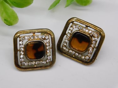 Vintage Square Rhinestone and Amber Acrylic Clip-On Earrings