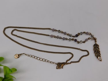Bronze-Tone Necklace with Beaded Accents and Feather Pendant