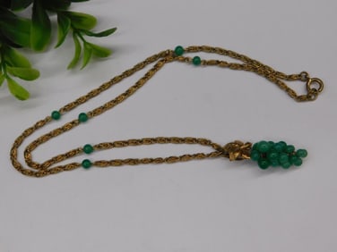 Gold-Tone Necklace with Green Bead Grape Cluster Pendant