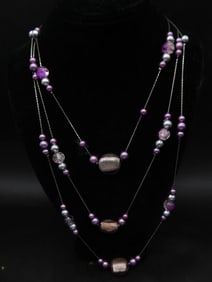 Multistrand Purple and Silver Beaded Necklace
