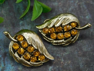 Vintage Gold-Tone Leaf Earrings With Amber Rhinestones