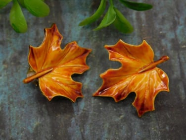 Vintage Enamel Maple Leaf Clip-On Earrings