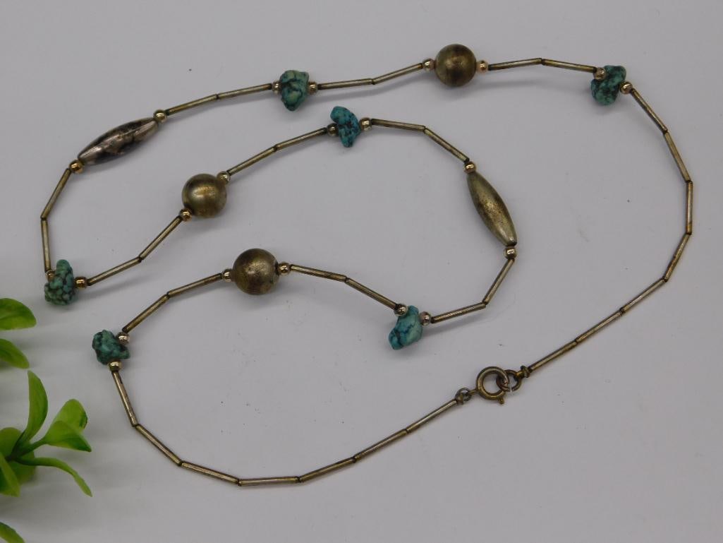 Vintage Necklace with Turquoise and Metal Beads: Vintage Necklace with Turquoise and Metal Beads