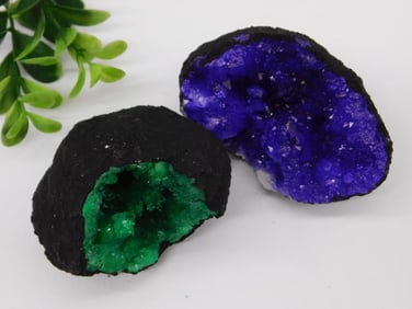 Black Rock Geode Halves With Purple and Green Crystals ROCK STONE LAPIDARY SPECIMEN