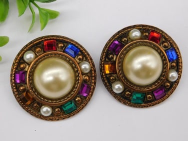 Vintage Clip-On Earrings With Faux Pearls and Multi-Colored Stones