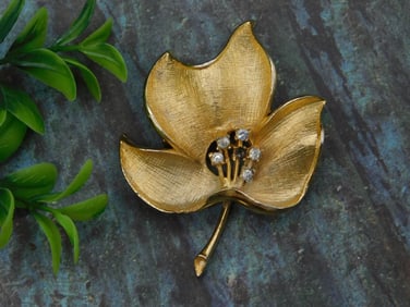 Gold-Tone Floral Brooch with Stone Accents