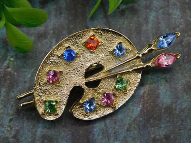 Vintage Gold-Tone Painter Palette Brooch with Colored Gems