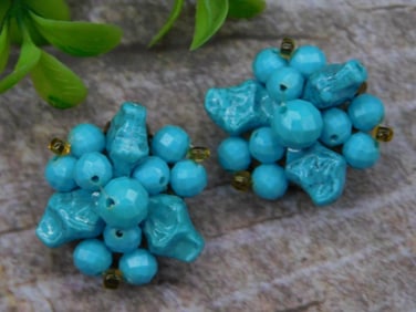 Vintage West Germany Blue Bead Clip-On Earrings