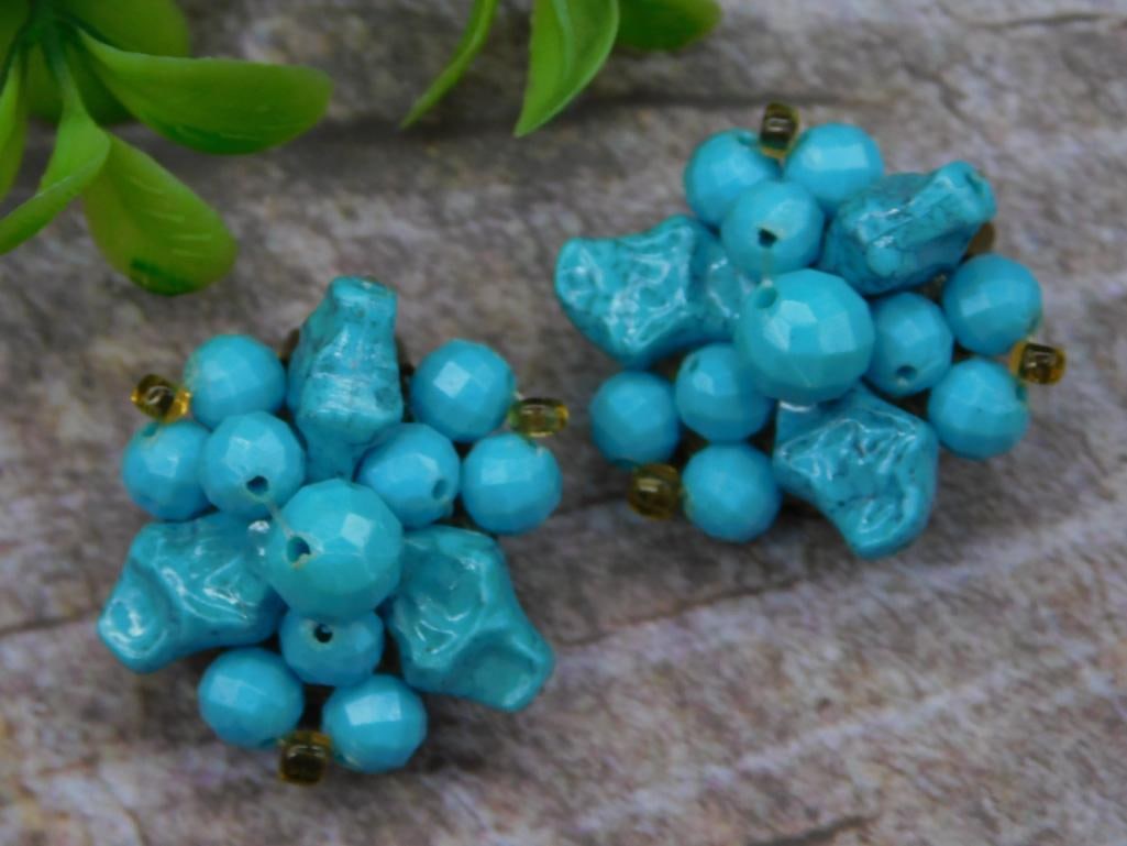 Vintage West Germany Blue Bead Clip-On Earrings: Vintage West Germany Blue Bead Clip-On Earrings