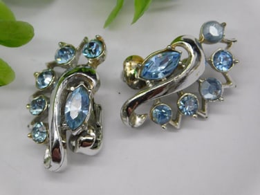 Vintage Silver-Tone Clip-On Earrings with Blue Rhinestones