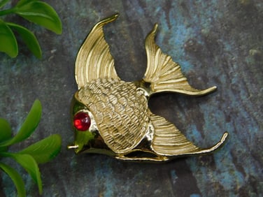 Vintage Gold-Tone Fish Brooch with Red Gem Eye