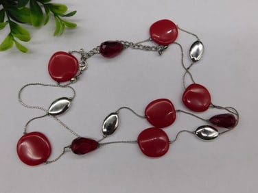 Silver-Tone Necklace with Red and Silver Beads