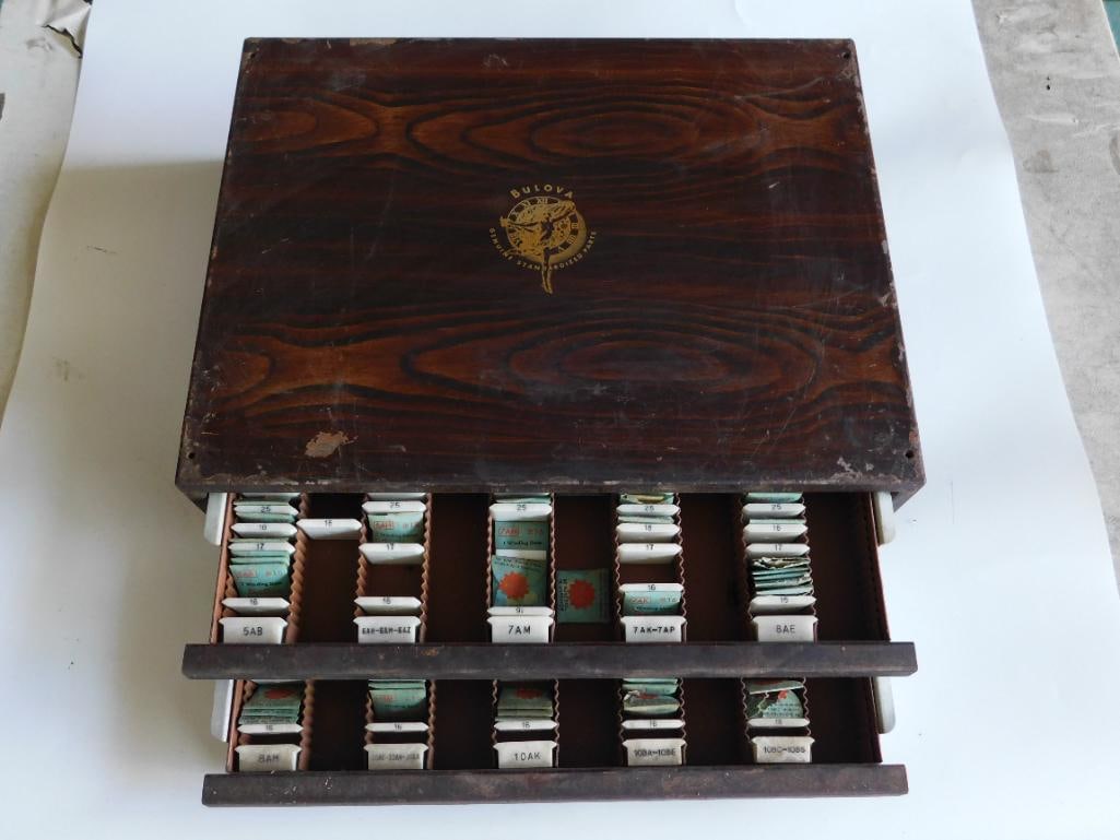 Vintage Bulova Watch Parts Storage Box With Contents WATCHMAKING WATCHMAKER TOOLS: Vintage Bulova Watch Parts Storage Box With Contents WATCHMAKING WATCHMAKER TOOLS