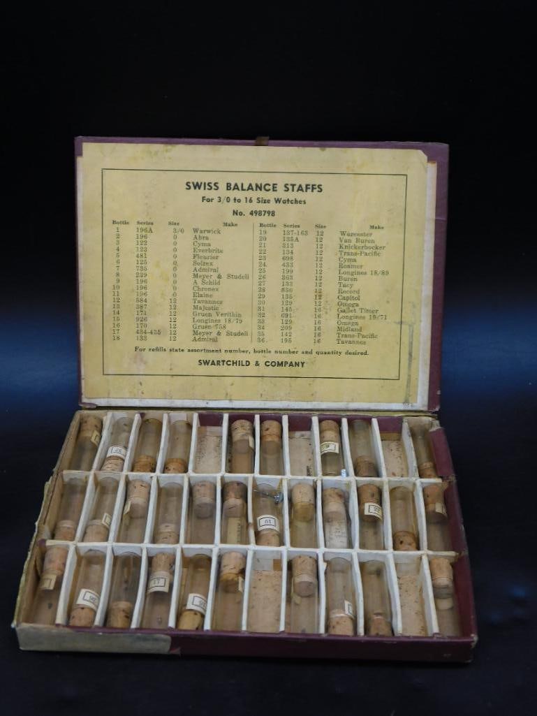 Swiss Balance Staffs Box for Watches With Assorted Vials: Swiss Balance Staffs Box for Watches With Assorted Vials