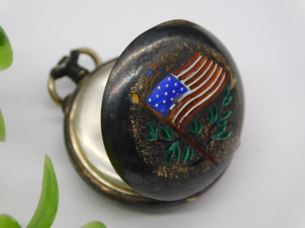Antique Pocket Watch Case with Enamel American Flag Design Watchmaking Watchmaker Tools: Antique Pocket Watch Case with Enamel American Flag Design Watchmaking Watchmaker Tools