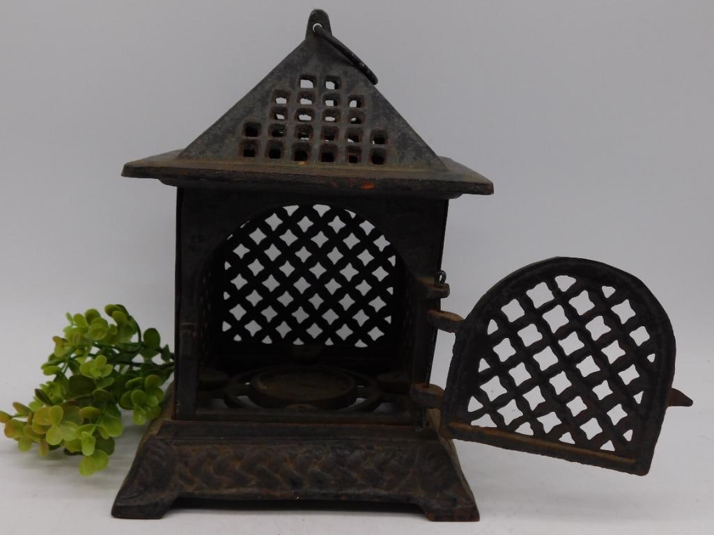 Decorative Metal Lantern with Latticework Door: Decorative Metal Lantern with Latticework Door