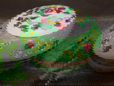 Hand-Painted Enameled Round Trinket Box with Floral Motif