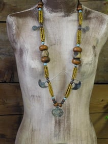 LARGE BEADED AFRICAN TRADE BEAD NECKLACE WITH METAL ACCENTS ROCK STONE LAPIDARY SPECIMEN