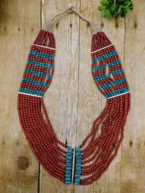 ORNATE RED AND BLUE AFRICAN TRADE BEAD NECKLACE