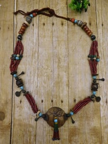 SHELL AND METAL ACCENTED AFRICAN TRADE BEAD NECKLACE
