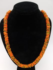 ORANGE AND YELLOW HAND PAINTED AFRICAN TRADE BEAD NECKLACE