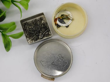 Small Metal Components in Lidded Tins WATCHMAKING WATCHMAKER TOOLS