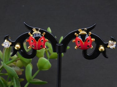 Red Ladybug-Themed Gold-Tone Earrings with Black Accent