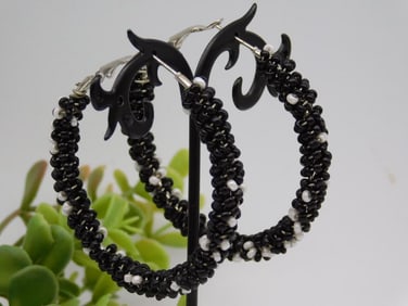 Black Beaded Hoop Earrings With Decorative Metal Accents