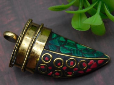 Brass and Stone Pendant with Mosaic Inlay RED CORAL AND MALACHITE ROCK STONE LAPIDARY SPECIMEN