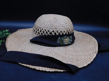 Straw Sun Hat with Black Band and Skull Embroidery