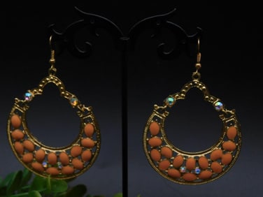 Gold-Toned Earrings with Orange Beads and Rhinestones