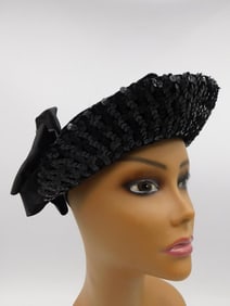 Vintage Black Sequin Hat with Ribbon Bow