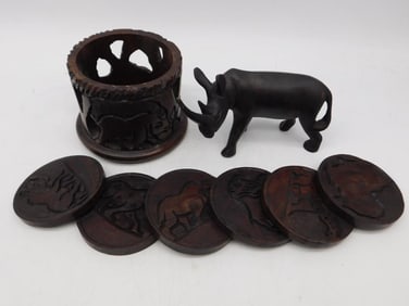 Carved Wooden Safari Decor Coasters, Coaster Holder, and Rhino