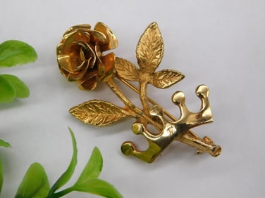 Gold-Tone Rose and Crown Brooch Pin