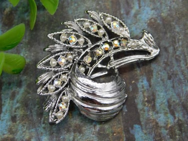 Silver-Tone Peacock Brooch With Rhinestone Accents