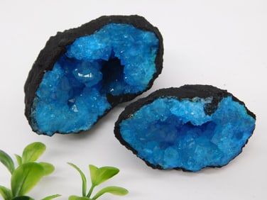 Bright Blue Geode Mineral Specimen Pair Rock Stone Lapidary Specimen