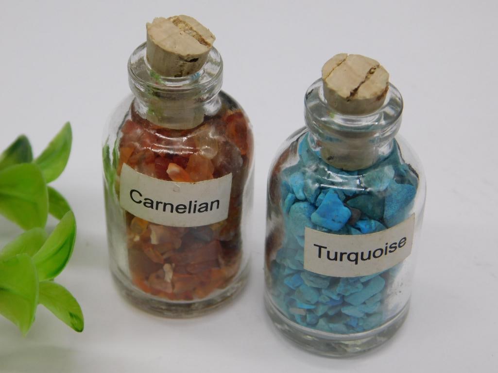 Carnelian and Turquoise Gemstones in Glass Bottles Rock Stone Lapidary Specimen: Carnelian and Turquoise Gemstones in Glass Bottles Rock Stone Lapidary Specimen