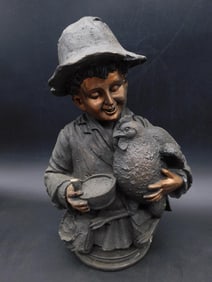 BOY WITH PRIZED ROOSTER STATUETTE VINTAGE ANTIQUE