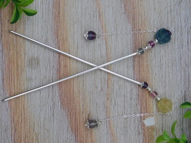 Two Decorative Silver-Toned Hair Sticks With Gemstone Accents
