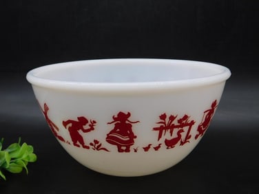 Vintage Milk Glass Bowl with Red Dutch Scene Design