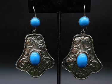 Silver Tone Drop Earrings With Blue Cabochons