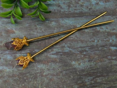 Pair of Gold-Tone Hair Pins With Rose Accents