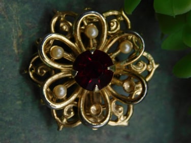 Vintage Gold-Tone Pin With Red Stone and Faux Pearls