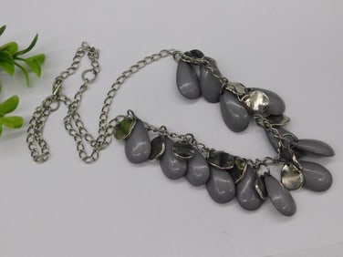 Gray Beaded Necklace With Drop-Shaped Accents