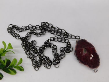 Black Chain Necklace With Red Fire Agate Pendant