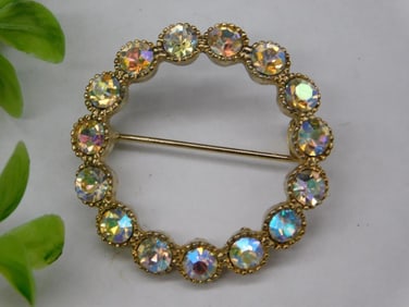 Vintage Gold-Tone Aurora Borealis Rhinestone Brooch