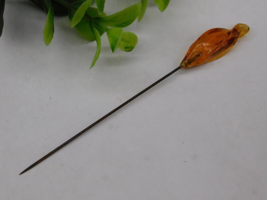 Antique Amber-Handled Hat Pin with Metal Shaft: Antique Amber-Handled Hat Pin with Metal Shaft