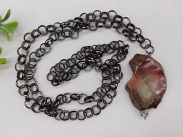 Handmade Necklace With Dark Chain and Red Fire Agate Pendant